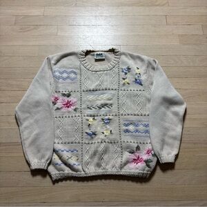 Vintage 90s Northern Reflections Floral Embroidered Sweater Cable knit large